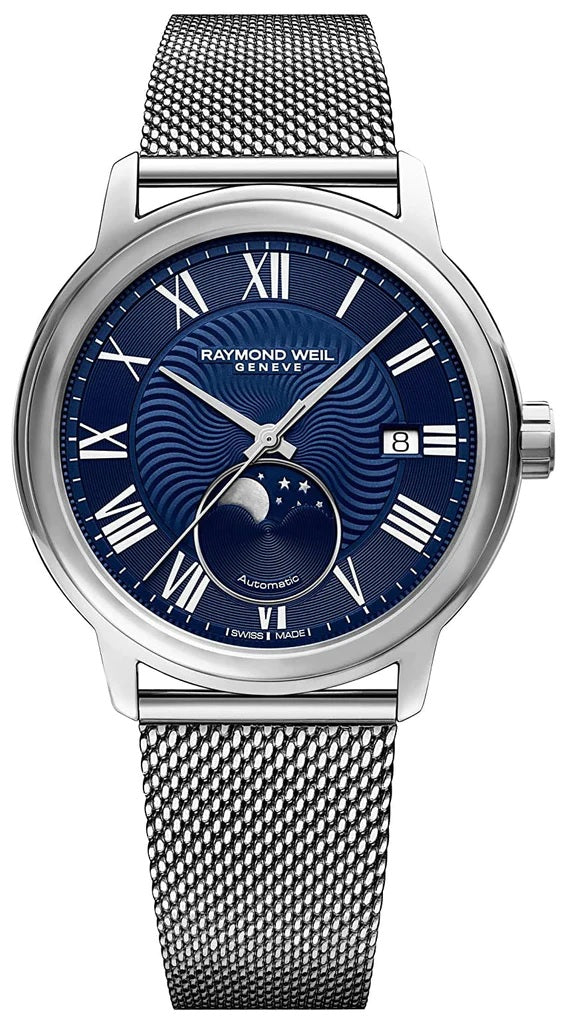 Raymond Weil Maestro Automatic Stainless Steel Mesh Blue Dial Moonphase Date Mens Watch - 2239Mst00509