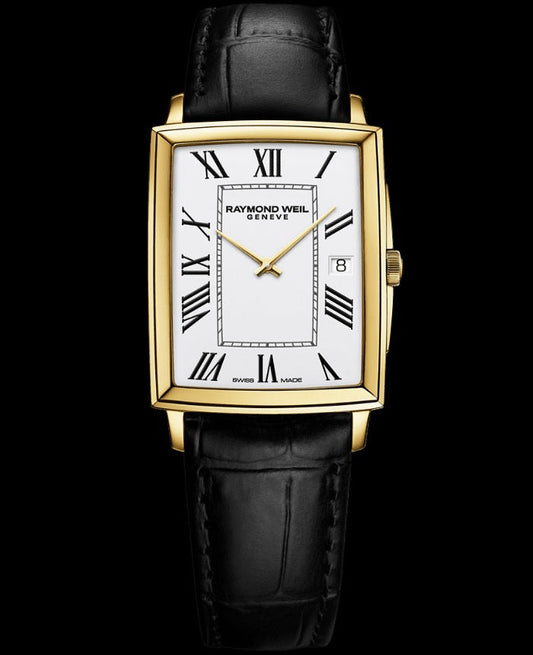 Raymond Weil Toccata Men's Classic Rectangular Gold Pvd White Dial Leather Watch, 37 X 29 mm