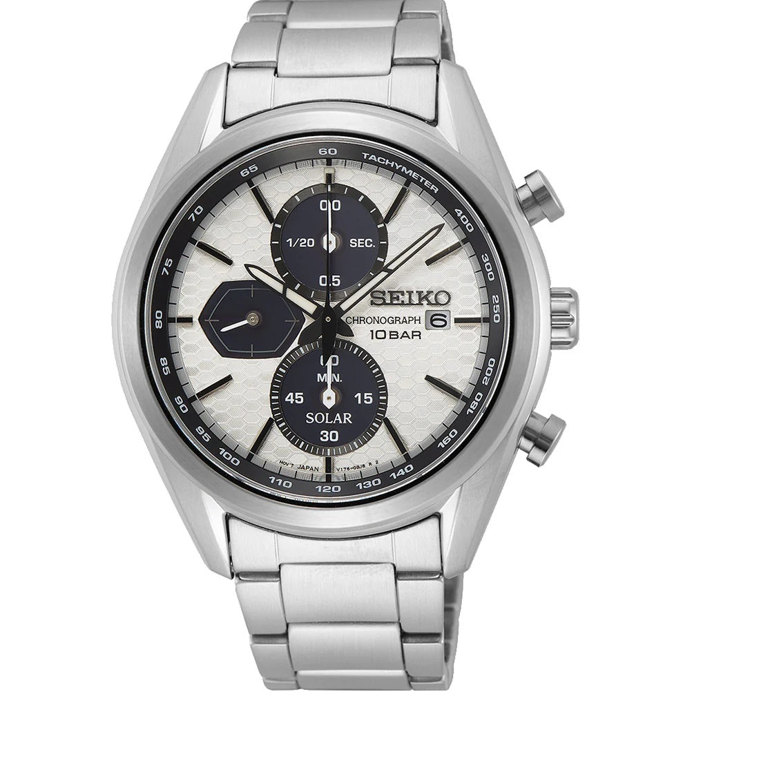 Seiko Solar Silver Case White Dial Chronograph