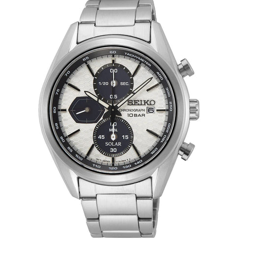 Seiko Solar Silver Case White Dial Chronograph